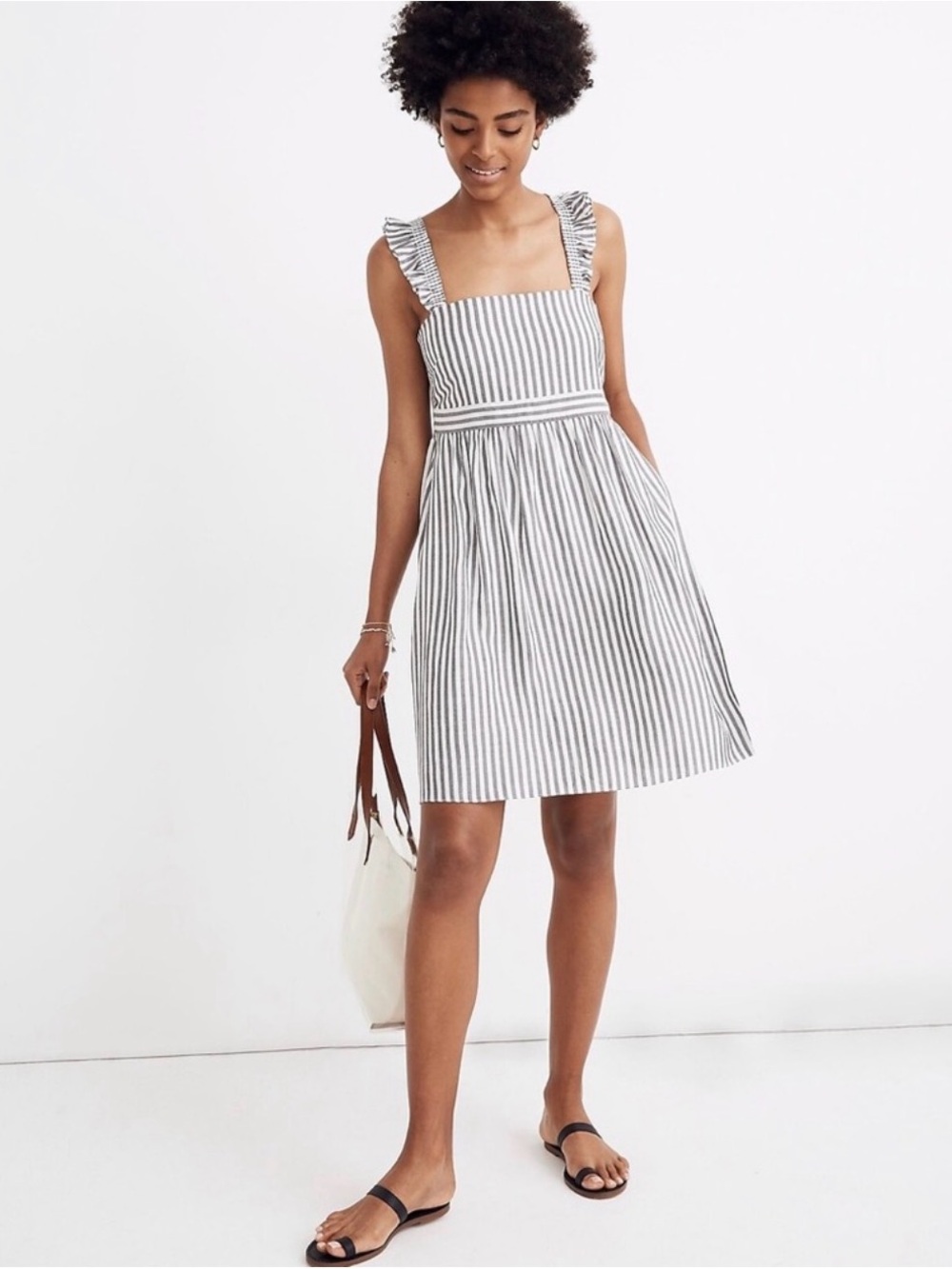 Madewell Striped Ruffle-Strap Empire Dress size 6 Gray White Sleeveless